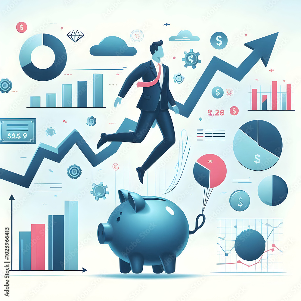 Aufkleber flat levitating piggy bank with savings chart - abstract vector design emphasizing financial growth 