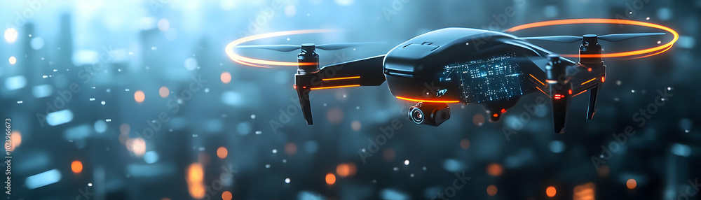 Poster holographic drone interface concept: modern drone hovering over sleek black surface with glowing hol