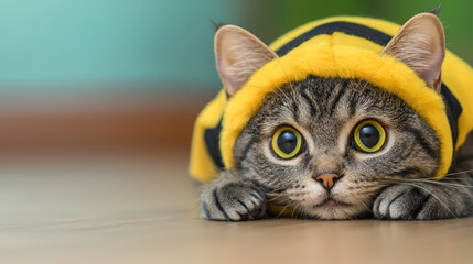Funny gray cat in bee costume, looking curious and playful.