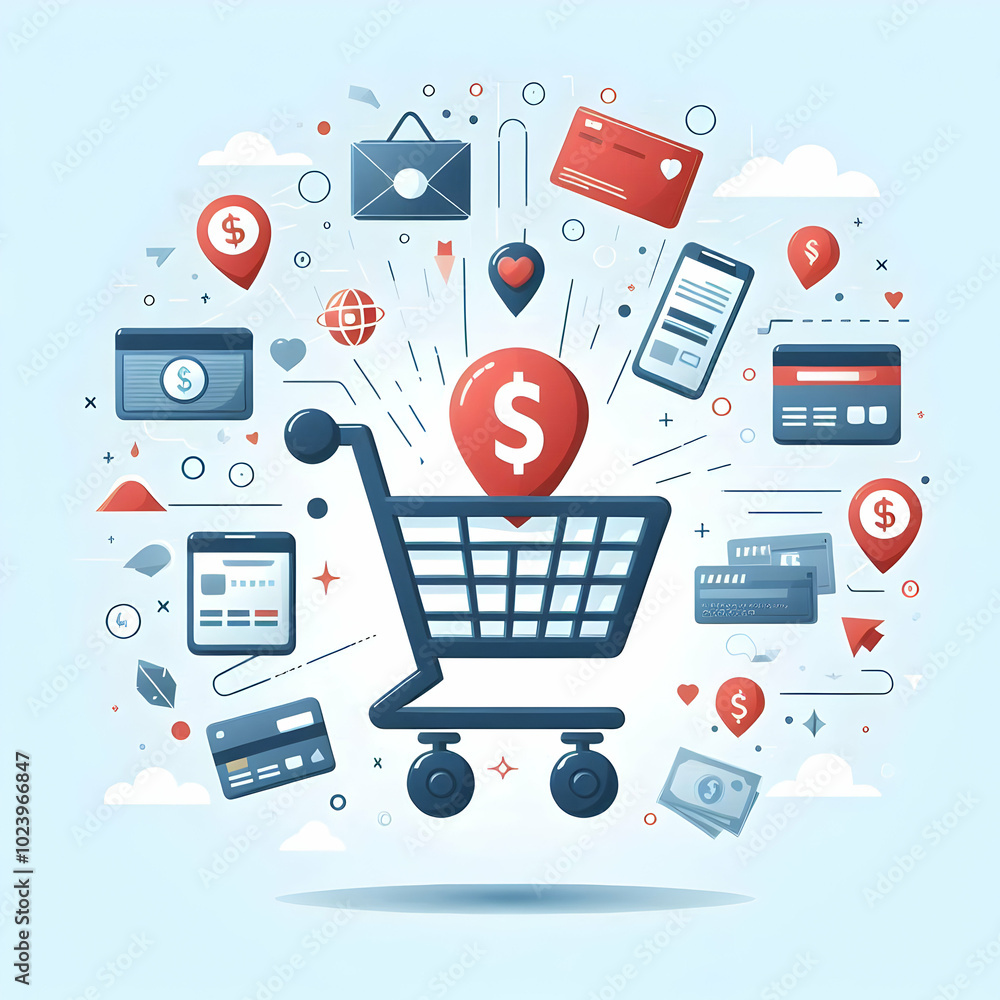 Aufkleber flat levitating shopping cart surrounded by payment icons - e-commerce and digital transactions conc