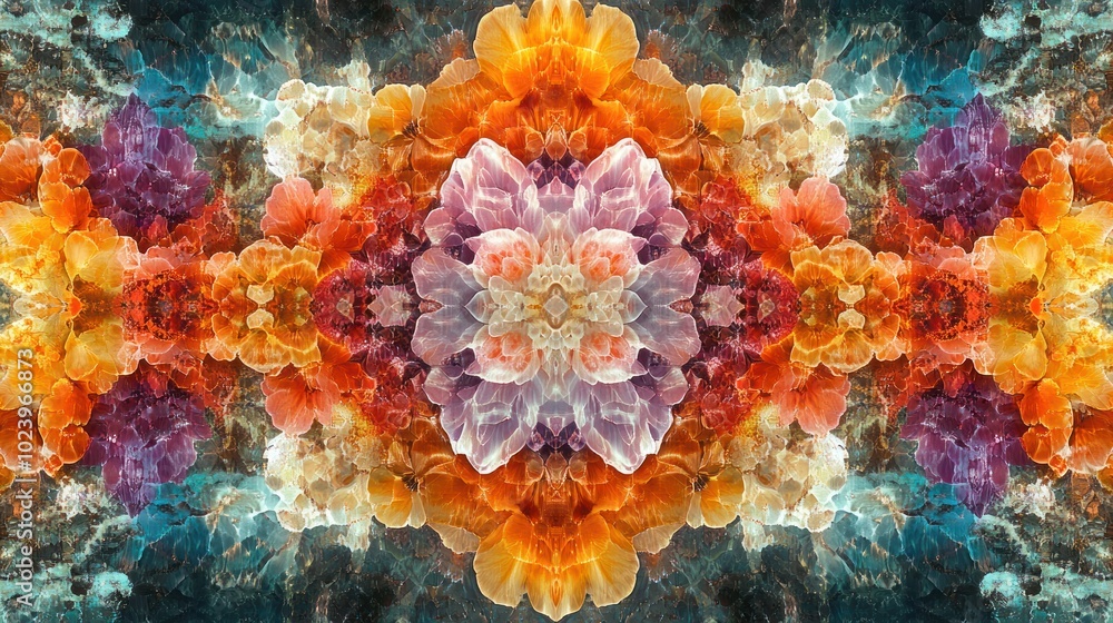 Poster colorful symmetrical abstract pattern with a kaleidoscope design and rich colors.