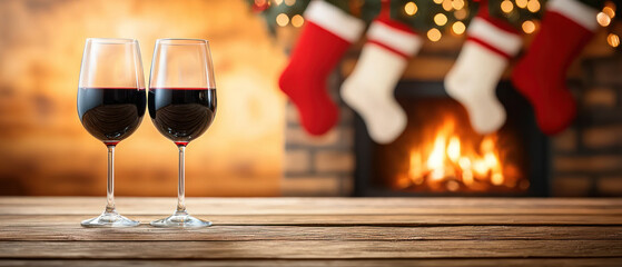Obraz premium Two wine glasses on wooden table create cozy atmosphere by fireplace.