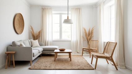 Light and airy living room, decorated in a minimalist Scandinavian style, furnished with a light gray sofa and wooden furniture