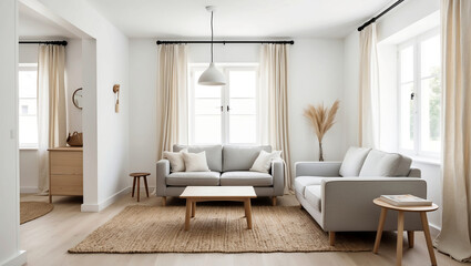 Modern living room with gray sofa and mix of wooden furniture