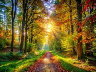 Obraz premium A tranquil summer forest path, sunlight dancing through vibrant leaves, and lush green grass creates a serene sanctuary, inviting quiet reflection and peaceful exploration.