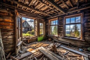 Abandoned Room with Broken Window in Old Wooden House - Drone Photography of a Rustic Village Interior