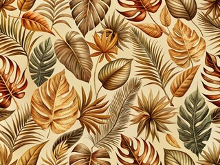 Autumn Aesthetic Tropical Leaves Pattern | Botanical Illustration in Brown and Beige