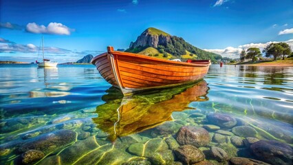 A battered clinker dinghy rests on the lush shallow bottom, while the iconic Mount Maunganui stands prominently in the background beneath the bright sky.
