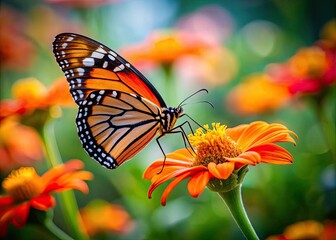 A beautiful butterfly perches on a vivid orange flower, creating a striking contrast in a minimalist garden setting, showcasing nature's elegance and simplicity.