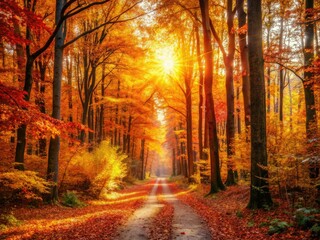 Fototapeta premium Autumn Forest Path: Vibrant Leaves and Tranquil Walks in Nature