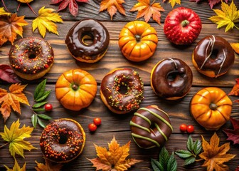 Autumn-Inspired Glazed Donuts Display - Perfect Sweet Treats for Dessert Lovers