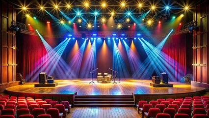 A blank stage illuminated by vibrant spotlights eagerly awaits the upcoming performance, creating an air of anticipation in the elegant concert hall or theater.