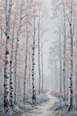 Obraz premium Misty forest with tall birch trees and pink blossoms, creating an ethereal and tranquil scene. 