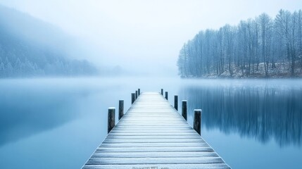 There is a calming atmosphere and snowy trees around this winter lake