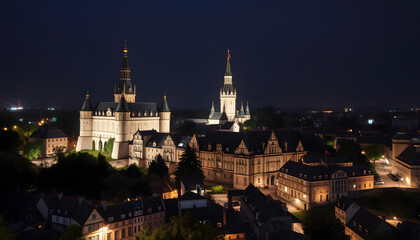 Obraz premium Alencon Ducal Castle and city hall, Orne in Normandie, France. Aerial drone forward isolated with white highlights, png