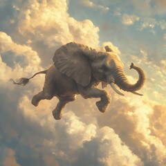 Fototapeta premium An elephant joyfully leaps through a sky filled with soft clouds, creating a whimsical and surreal scene.