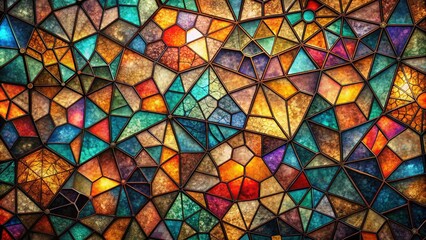 A vibrant stained glass background featuring a seamless Voronoi pattern with geometric retro tiles, showcasing a captivating blend of dark multicolor hues and intricate designs.