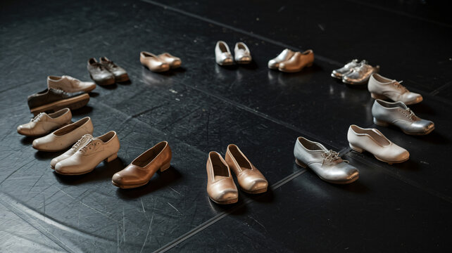 multiple pairs of tap shoes arranged artfully on black dance floor