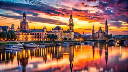 Naklejka premium A breathtaking dusk silhouette of Dresden's skyline showcases iconic landmarks against a stunning gradient sky, blending hues of pink, orange, and deepening twilight blue.