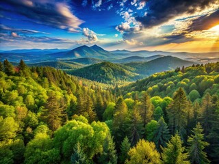 Fototapeta premium A breathtaking forest panorama showcases vibrant greenery and distant mountains, all beneath a pristine blue sky, creating a serene and majestic natural landscape.