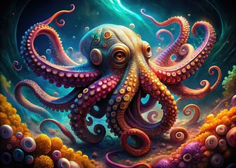 A breathtaking illustration of an octopus featuring intricate textures and dynamic fluid motion, all presented in a vibrant and colorful design that captivates and delights.