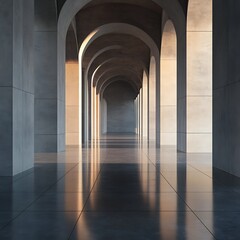 Obraz premium A serene corridor with arched ceilings and reflective floors, showcasing modern architectural design.