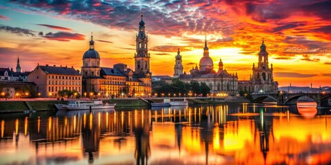 Obraz premium A breathtaking silhouette of Dresden's historic skyline framed by a colorful sunset, evoking a sense of wonder and artistic inspiration from the city's timeless beauty.