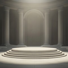 Naklejka premium A grand, illuminated stage with columns, designed for presentations or performances.