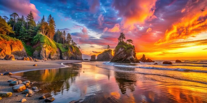 A breathtaking sunset panorama unfolds through silhouetted trees at Ruby Beach, Olympic National Park, showcasing vibrant colors in this stunning 4K UHD landscape.
