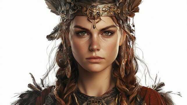 Freia the Scandinavian goddess of love and beauty is portrayed with striking realism. Her elaborate adornments and fierce expression convey her powerful presence in mythology.