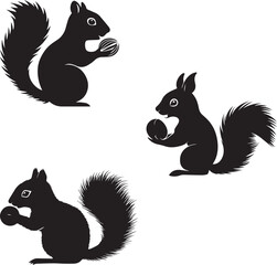Silhouette of a squirrel nibbling on a nut, set of squirrel silhouette vector