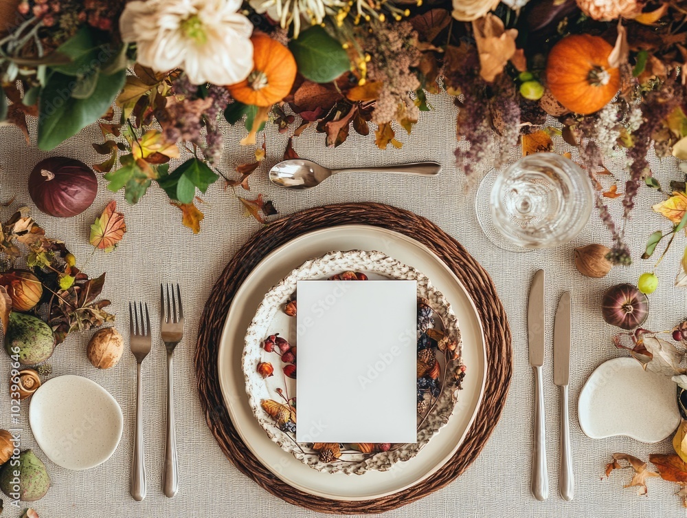 Canvas Prints Autumn table setting with plates cutlery glasses blank cards and floral decor flat lay