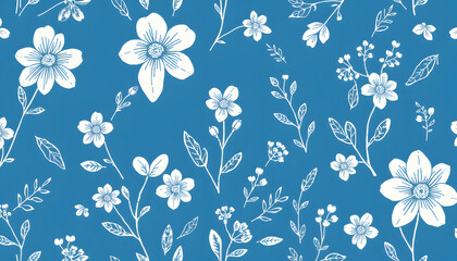 Seamless floral pattern with hand drawn plant, flowers, leaves. Trendy botanical blue texture for fabric, textile. Vector illustration isolated with white highlights, png