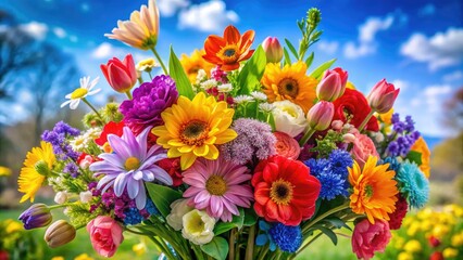A brilliant spring bouquet brimming with colorful mixed flowers in full bloom, celebrating the beauty and vitality of nature's vibrant artistry and life.