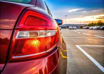 A brown car's vibrant red tail light contrasts with the expansive asphalt parking lot, emphasizing themes of transportation and mobility in urban environments.