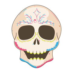 Sugar skull with intricate smiling face and bold patterns, Vector