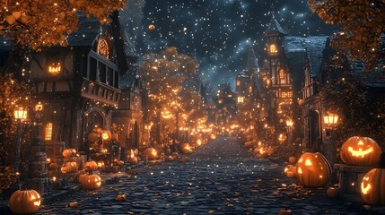 Fototapeta premium Scary Halloween pumpkin poster, medieval fantasy, epic scenes, pumpkin-filled street at night