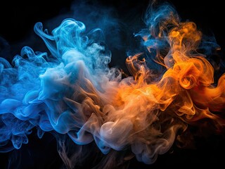 Blue and orange smoke creates a captivating atmospheric fog texture on a black background, elevating architectural photography with vibrant visuals and unique aesthetic appeal.