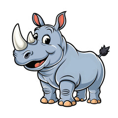 A friendly, cartoon-style rhinoceros is standing happily. It has a wide smile