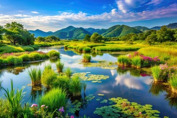 Fototapeta premium Breathtaking Panoramic View of a Serene Wetland Site in Korea with Vibrant Flora and Fauna