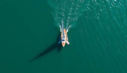 Aerial view of a sailboat navigating through calm emerald green waters, leaving gentle ripples behind isolated with white highlights, png