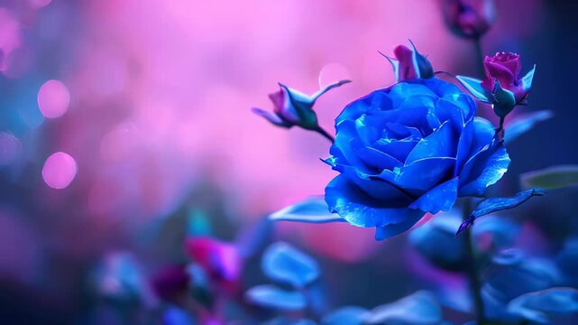 Close-up of a blue rose with a pink bokeh background, creating a dreamy and romantic floral scene.