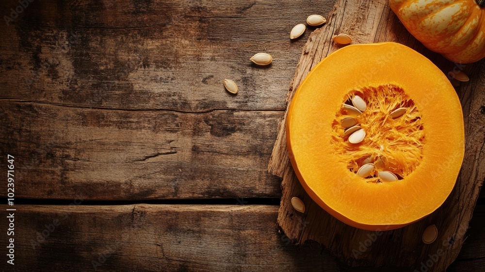 Poster halloween background featuring a pumpkin layer with seeds on wood and a text frame made from a round