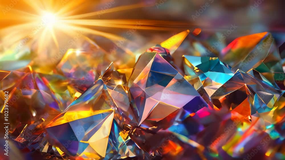 Poster close-up of sparkling diamonds reflecting colorful light, creating a mesmerizing and luxurious visua