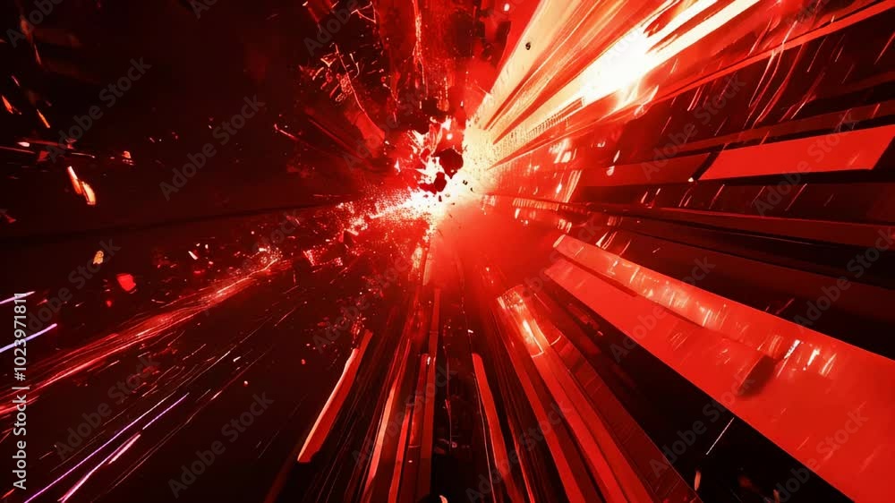 Poster dynamic abstract background featuring a red explosive light burst with streaks and fragments radiati