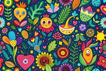 Bright, joyful abstract pattern featuring hand-drawn organic shapes and delightful doodles, ideal for designs seeking a whimsical, childlike aesthetic and vibrant appeal.