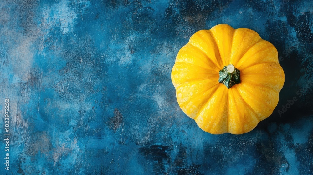 Poster kabocha squash on blue background with empty area for text