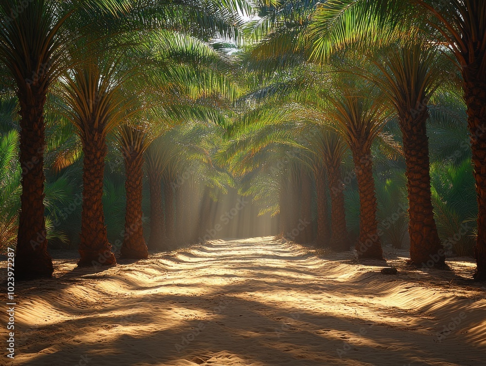 Poster a path through a palm tree grove with sunbeams streaming through the leaves.