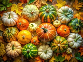 Bright orange, green, and white pumpkins in a striking double exposure create a lively autumn vibe, perfect for sprucing up your seasonal decoration.