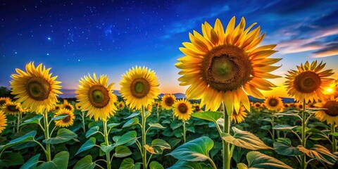 Obraz premium Bright sunflowers stretch towards an expansive blue sky, fostering a joyful atmosphere filled with vitality, capturing the essence of a warm, cheerful day.